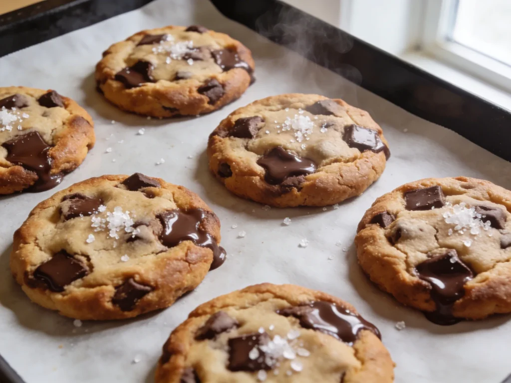 Freshly baked chocolate chip cookies on parchment sheet with golden edges soft centers flaky salt and melted chocolate in natural light