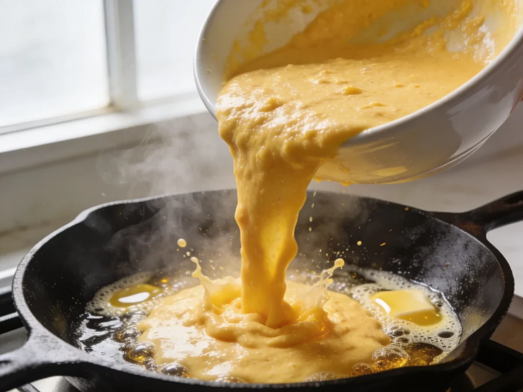 Golden cornbread batter being poured into hot cast iron skillet with dramatic sizzle and steam for Southern cornbread recipe