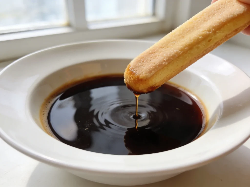 Golden ladyfinger biscuit being quickly dipped into dark espresso coffee bowl for authentic tiramisu recipe