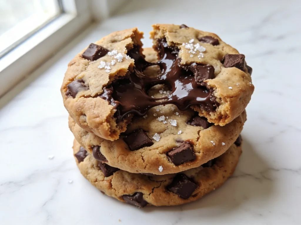 Gooey chocolate chip cookies recipe stacked on white marble showing soft center crispy edges and melted chocolate in natural light