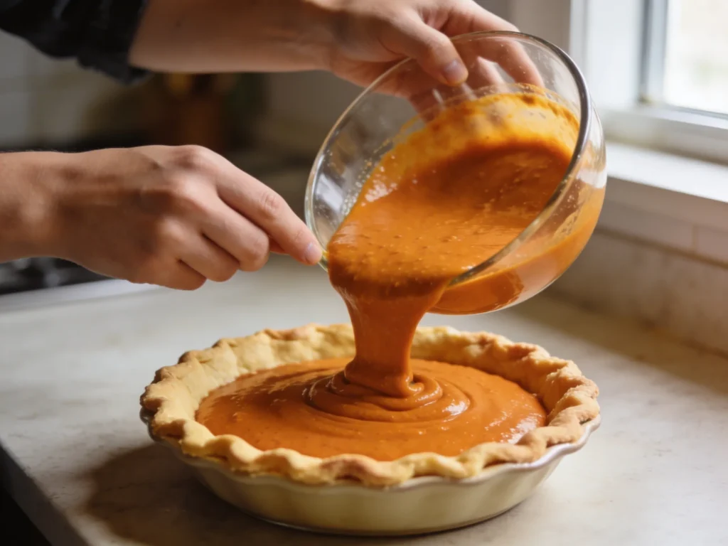 Hands pouring smooth orange pumpkin pie filling from a glass bowl into a pre-baked pie crust in a ceramic pie dish on a kitchen countertop.