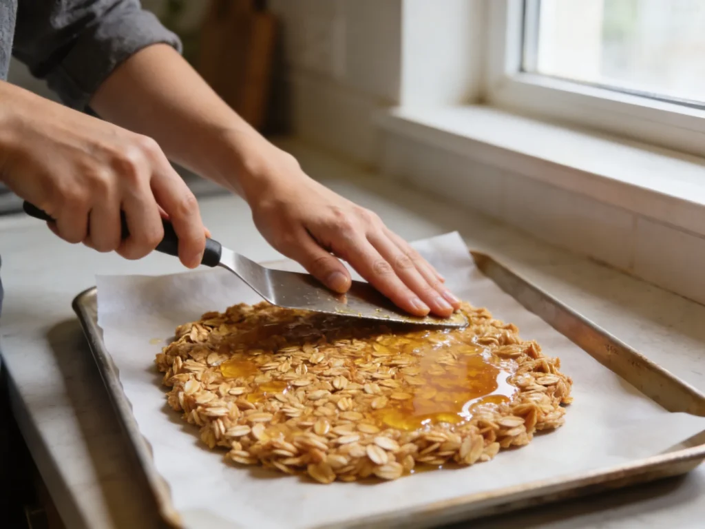 Hands pressing a granola and oat mixture flat onto a parchment-lined baking sheet before baking.