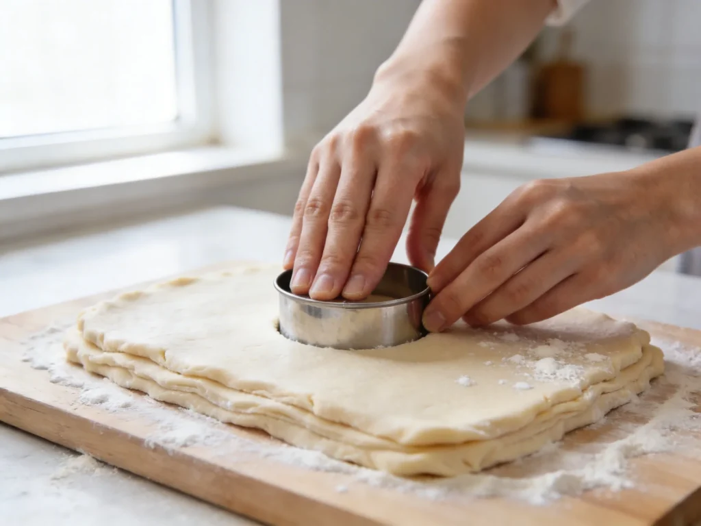 Hands pressing a round biscuit cutter straight down into a sheet of biscuit dough on a floured wooden board