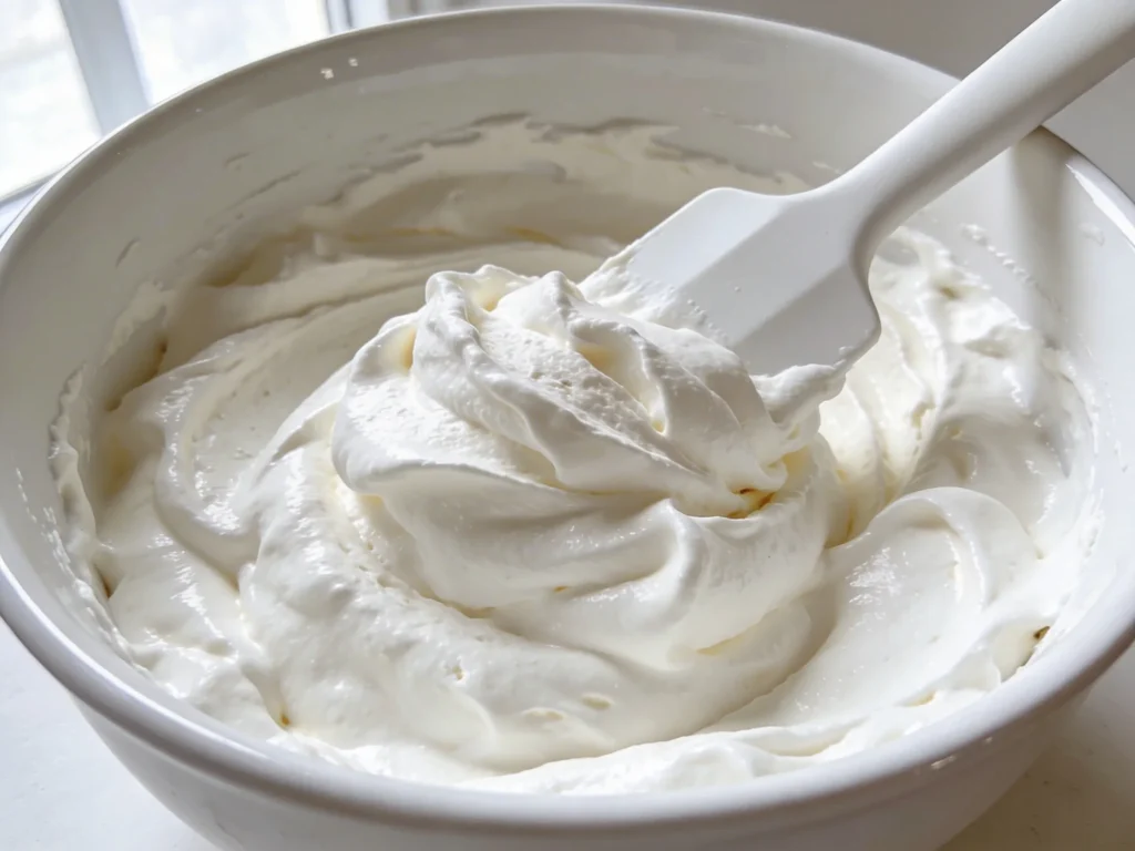 Light fluffy mascarpone cream being gently folded with spatula in white bowl for tiramisu recipe in natural light