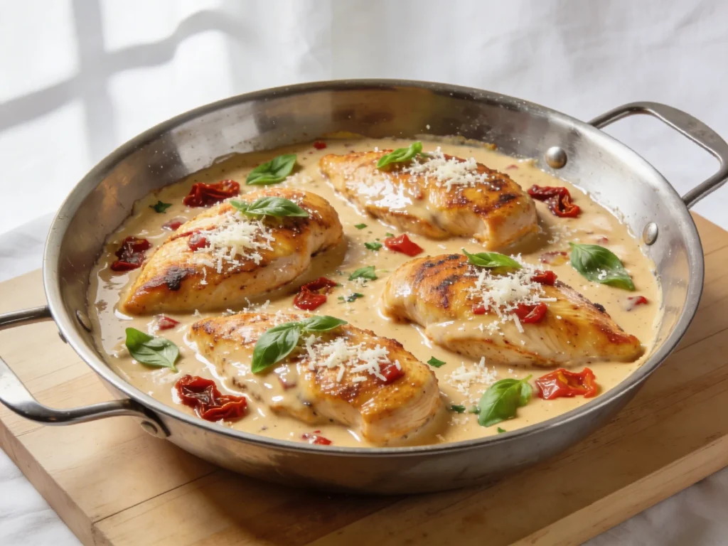 Marry me chicken in a skillet with golden-seared chicken breasts in creamy sun-dried tomato parmesan sauce, garnished with fresh basil