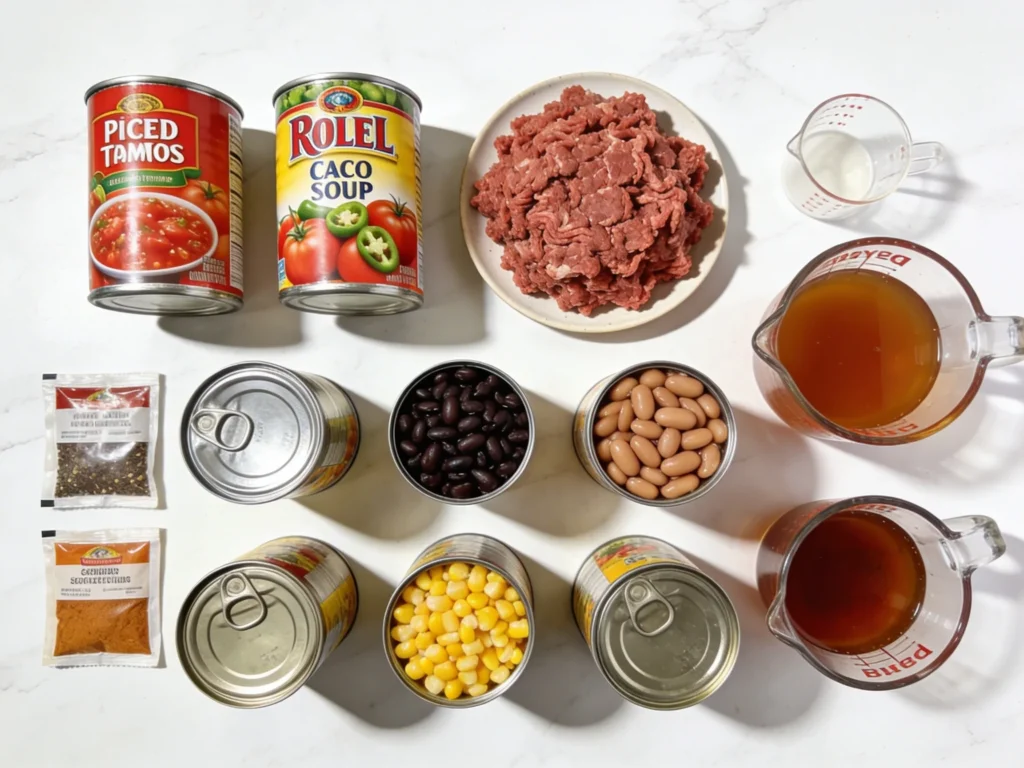 Overhead flat lay of all taco soup ingredients including canned beans, diced tomatoes, corn, ground beef, beef broth, and seasoning packets arranged on a white marble surface
