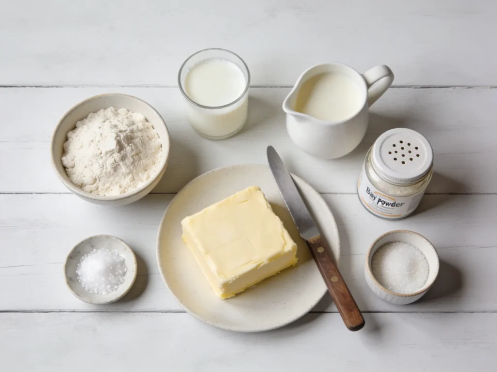 Overhead flat lay of biscuit recipe ingredients including flour, cold butter, buttermilk, baking powder, and salt arranged on a light surface