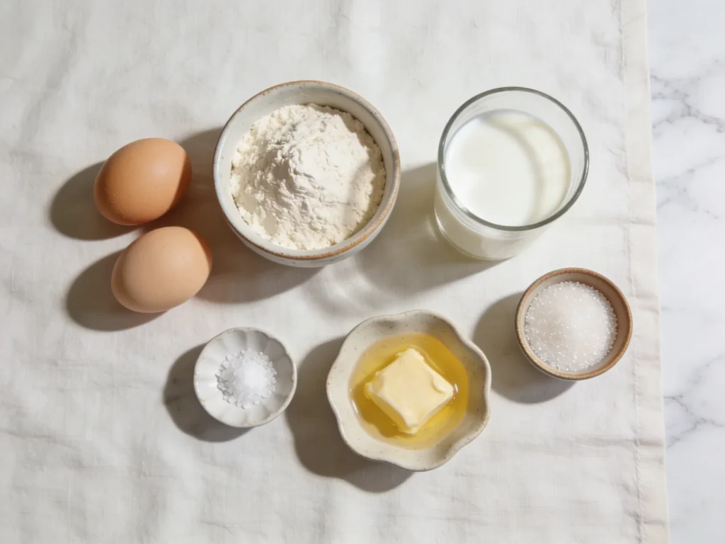 Overhead flat lay of crepe recipe ingredients including flour, eggs, milk, melted butter, sugar, and salt on a white marble surface