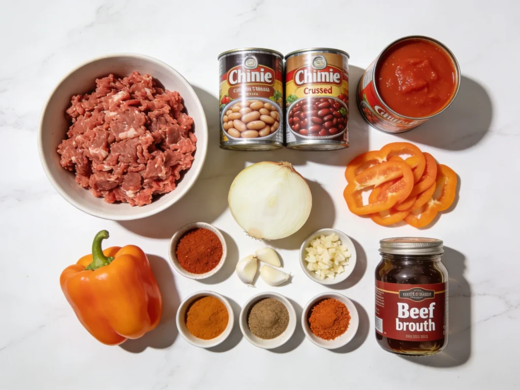 Overhead flat lay of crockpot chili ingredients including ground beef, canned beans, crushed tomatoes, bell pepper, onion, garlic, and spices on a white marble surface.