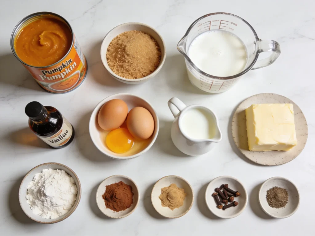 Overhead flat lay of pumpkin pie ingredients including canned pumpkin purée, brown sugar, eggs, heavy cream, butter, flour, and individual spice portions arranged on a white marble surface.