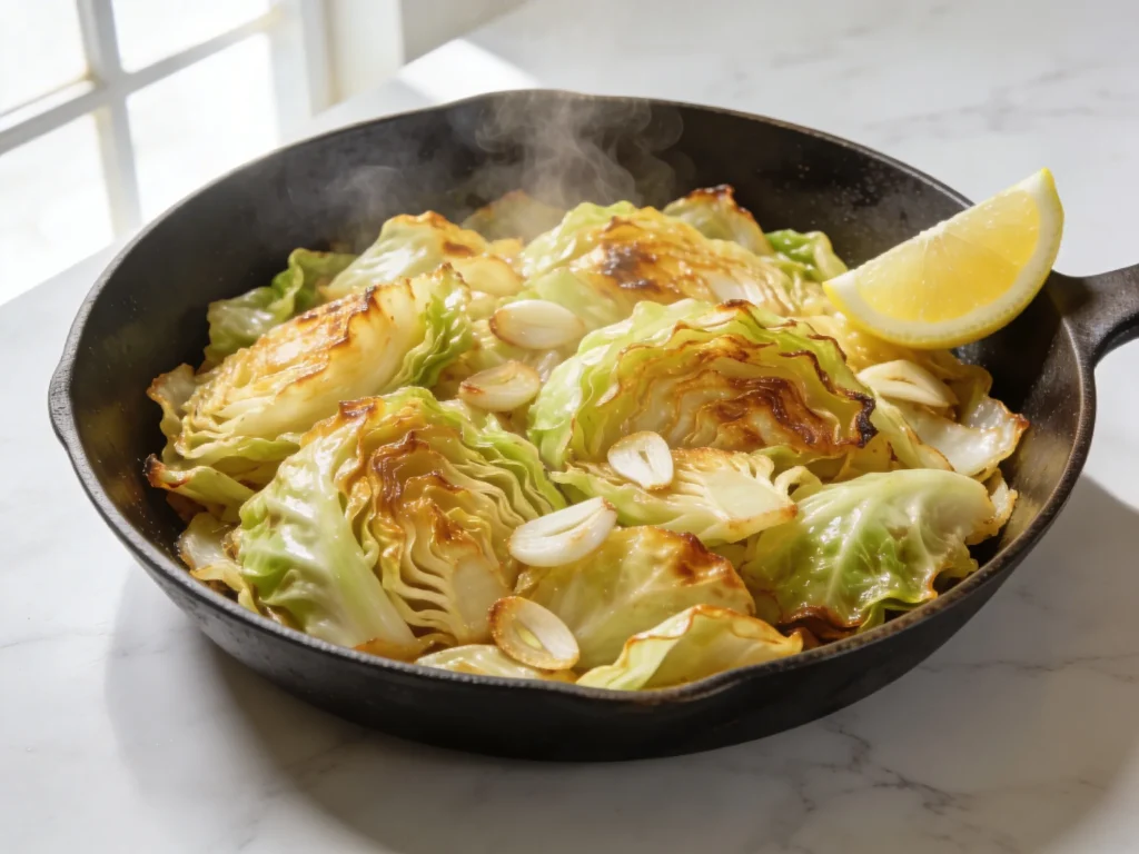 Sautéed garlic butter cabbage in a cast iron skillet with caramelized golden edges and a lemon wedge on white marble surface