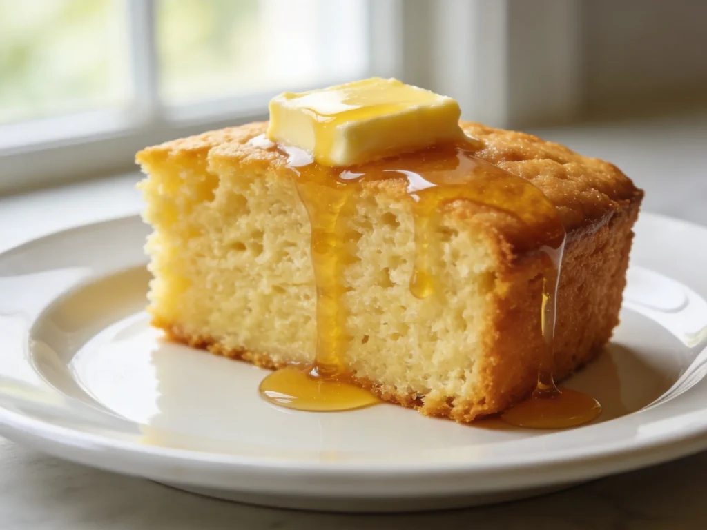  Single Southern cornbread wedge on white plate with melting butter and honey drizzle showing fluffy interior in natural light