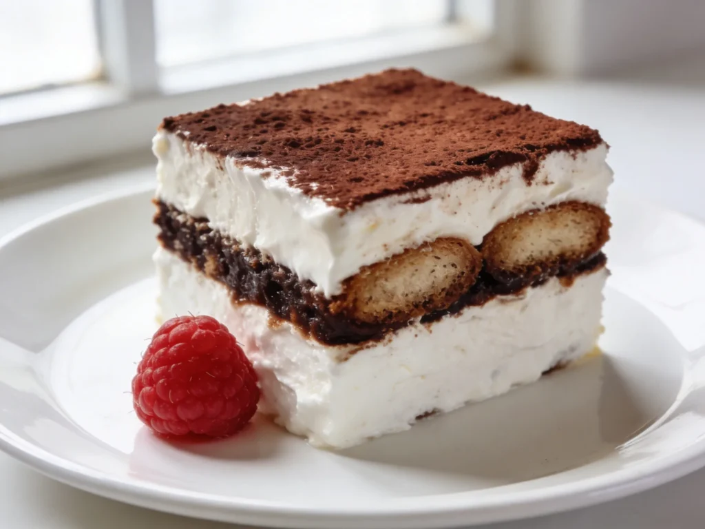 Single tiramisu recipe portion on white plate showing distinct cream and ladyfinger layers with raspberry garnish in natural light
