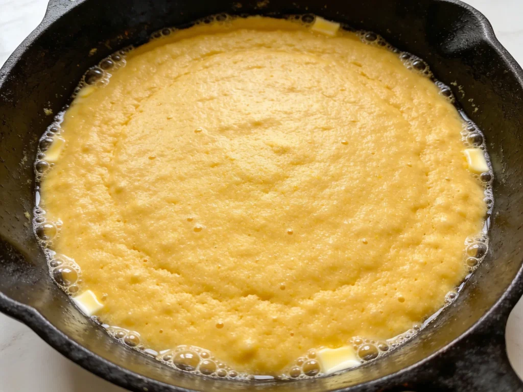  Smooth golden cornbread batter in black cast iron skillet with butter bubbles at edges ready to bake in natural light