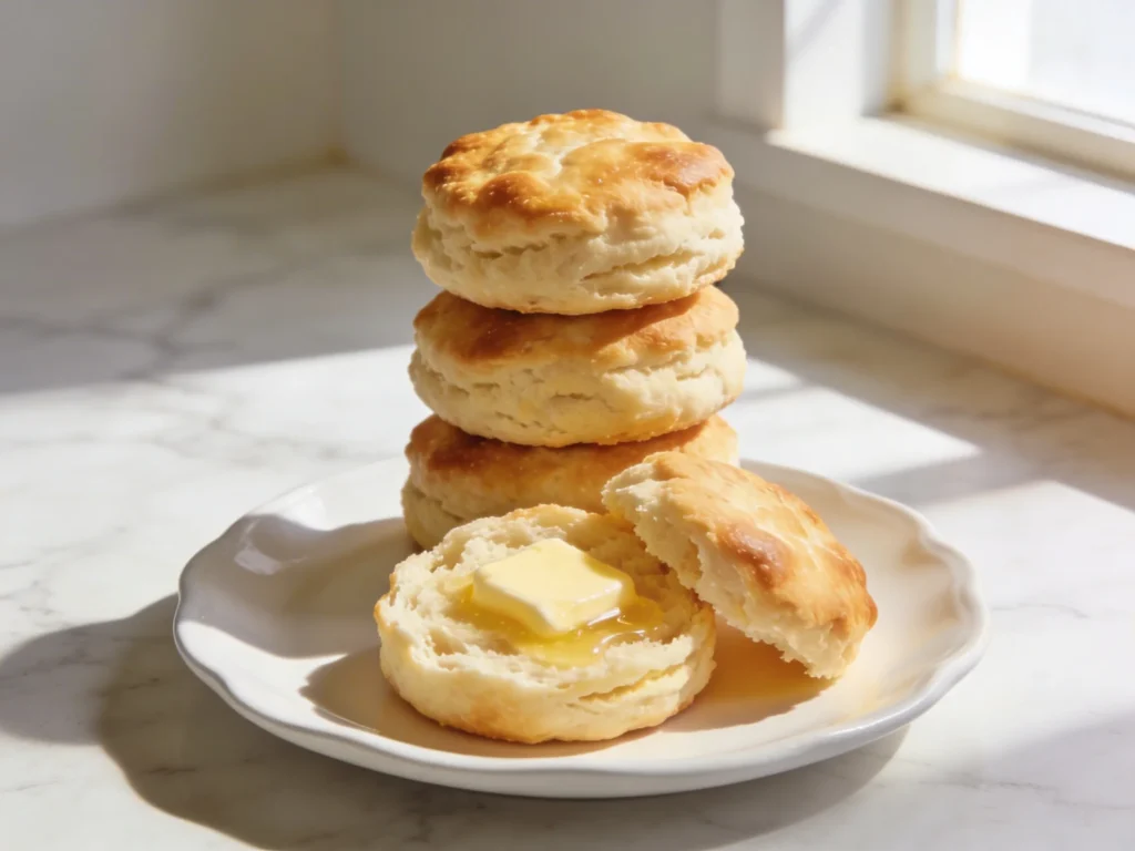 Stack of fluffy homemade biscuits on a white plate, one split open with butter melting on top, on a marble surface