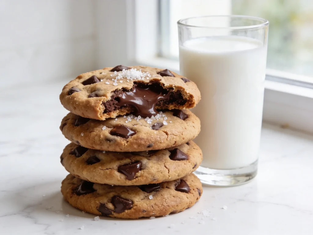Stack of gooey chocolate chip cookies with broken cookie showing melted center beside glass of cold milk in natural light