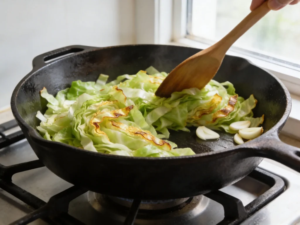 Thinly sliced green cabbage being stirred in a cast iron skillet with garlic caramelizing over high heat for an easy cabbage recipe