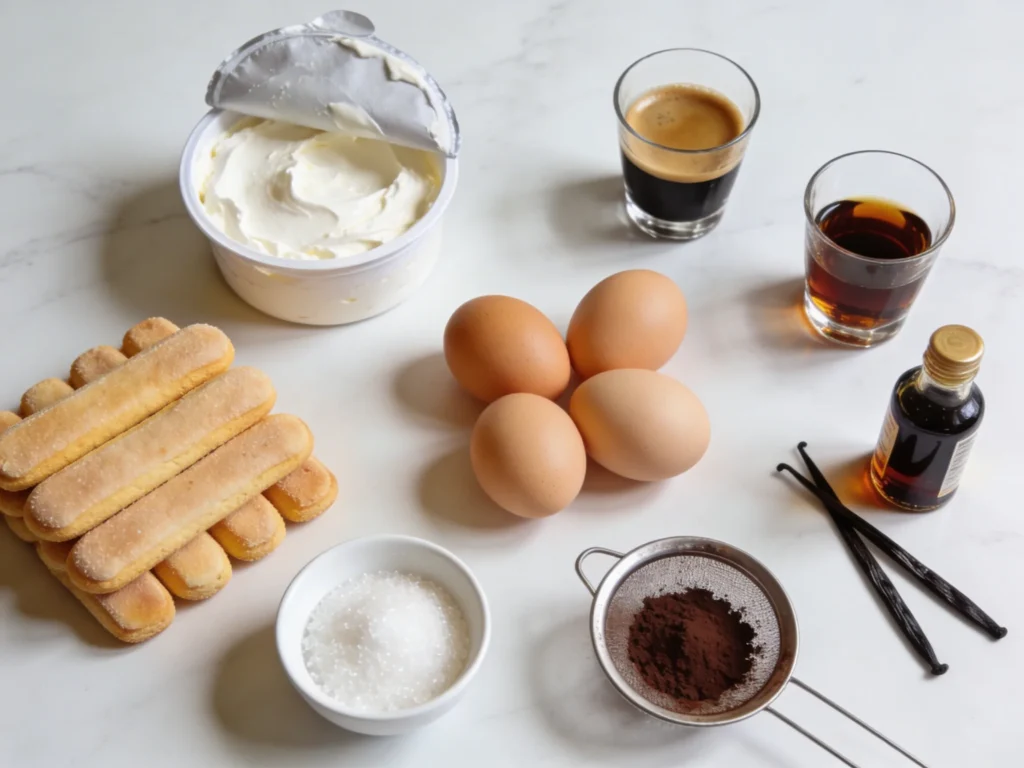 Tiramisu recipe ingredients flatlay with ladyfingers mascarpone eggs espresso rum and cocoa powder on white marble