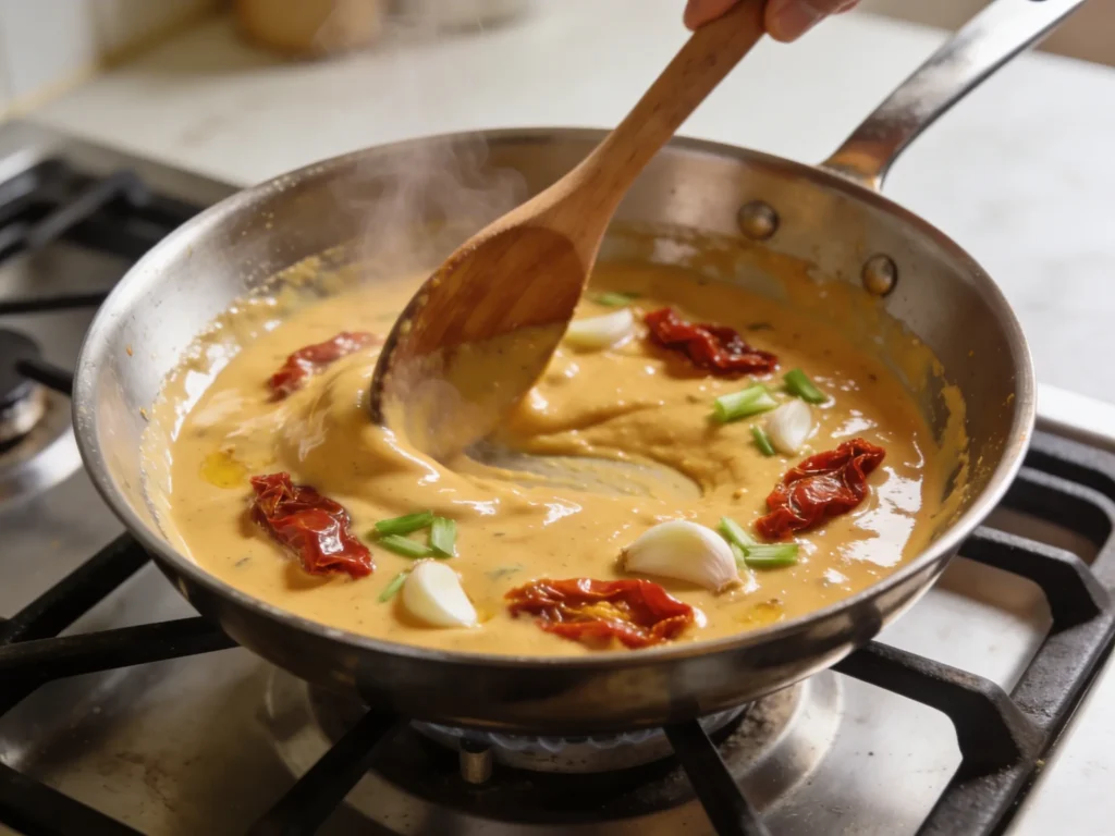 Wooden spoon stirring a thick cream and sun-dried tomato sauce in a stainless steel skillet on the stovetop during the marry me chicken cooking process