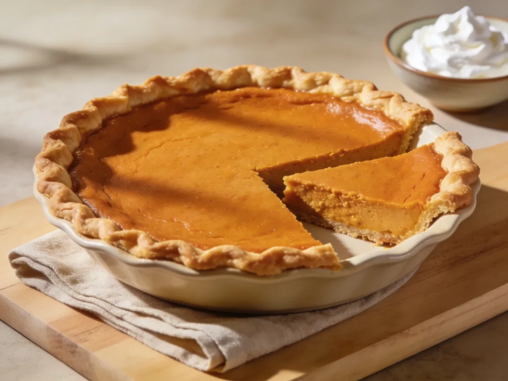 homemade pumpkin pie in a ceramic dish with golden crimped crust, one slice removed to show the smooth spiced filling, served on a wooden board with whipped cream in the background.
