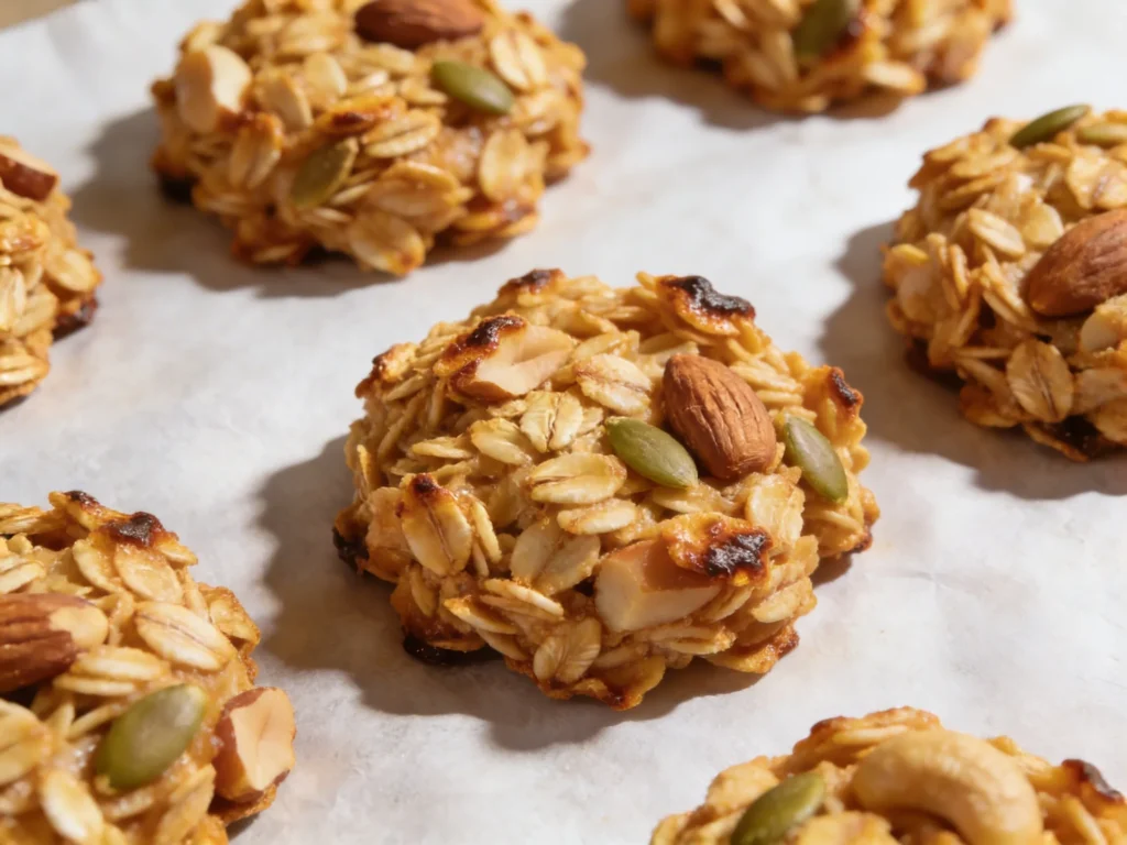 Close-up of freshly baked golden granola clusters on parchment paper showing toasted oats, nuts, and seeds with a crispy caramelized finish.