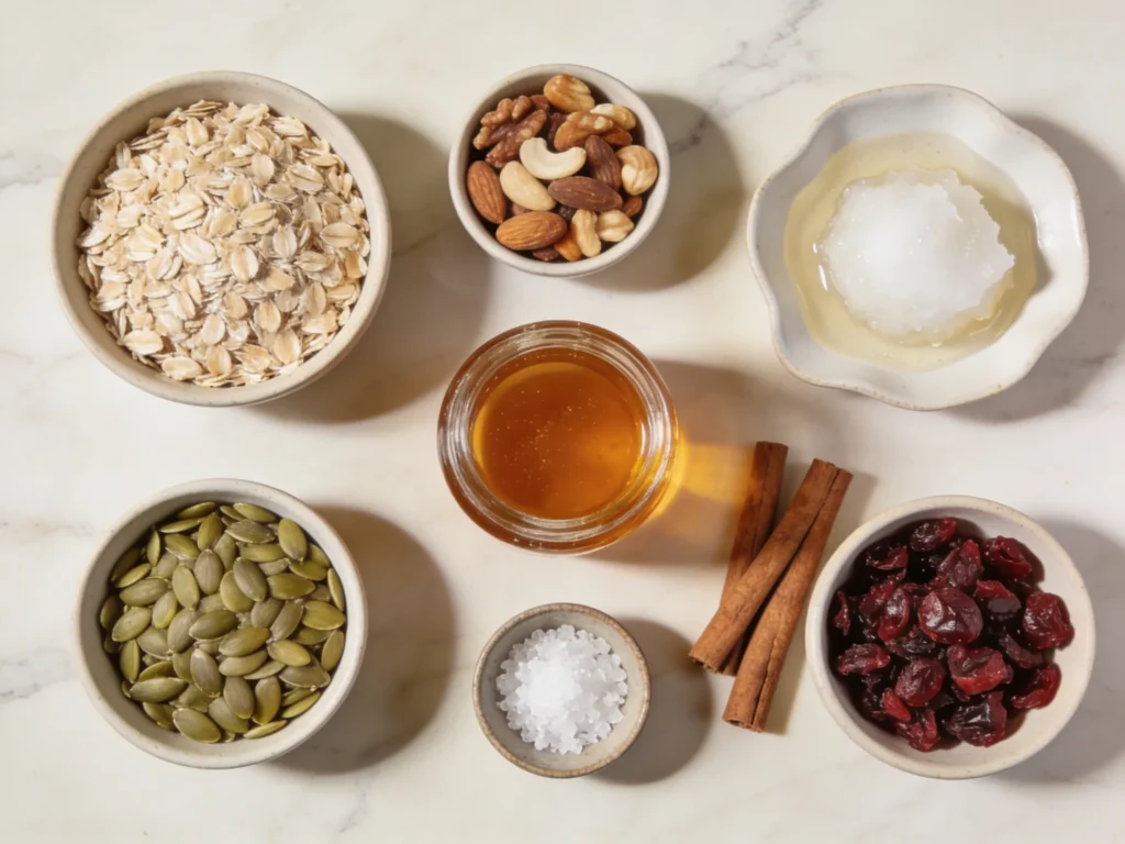 Overhead flat lay of homemade granola recipe ingredients including rolled oats, mixed nuts, pumpkin seeds, dried cranberries, honey, and coconut oil on a marble surface.