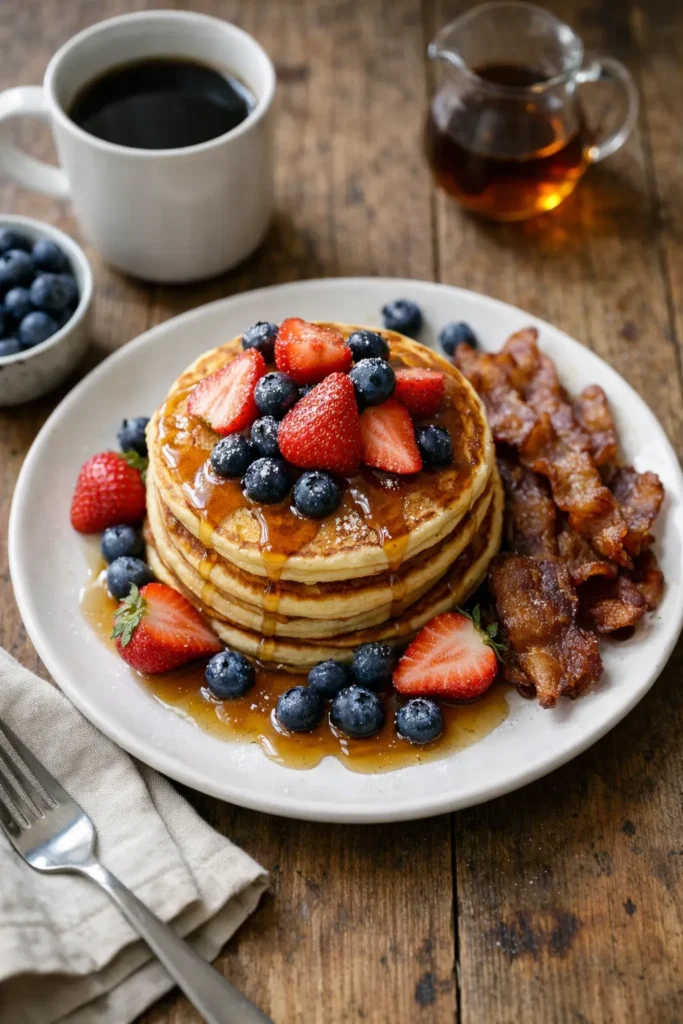 Pancake stack served with fresh berries and maple syrup on a breakfast table — serving ideas for homemade pancake recipe 