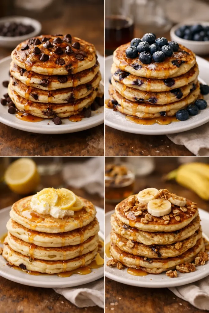 Four pancake recipe variations — chocolate chip, blueberry, lemon ricotta, and banana oat — on white plates 