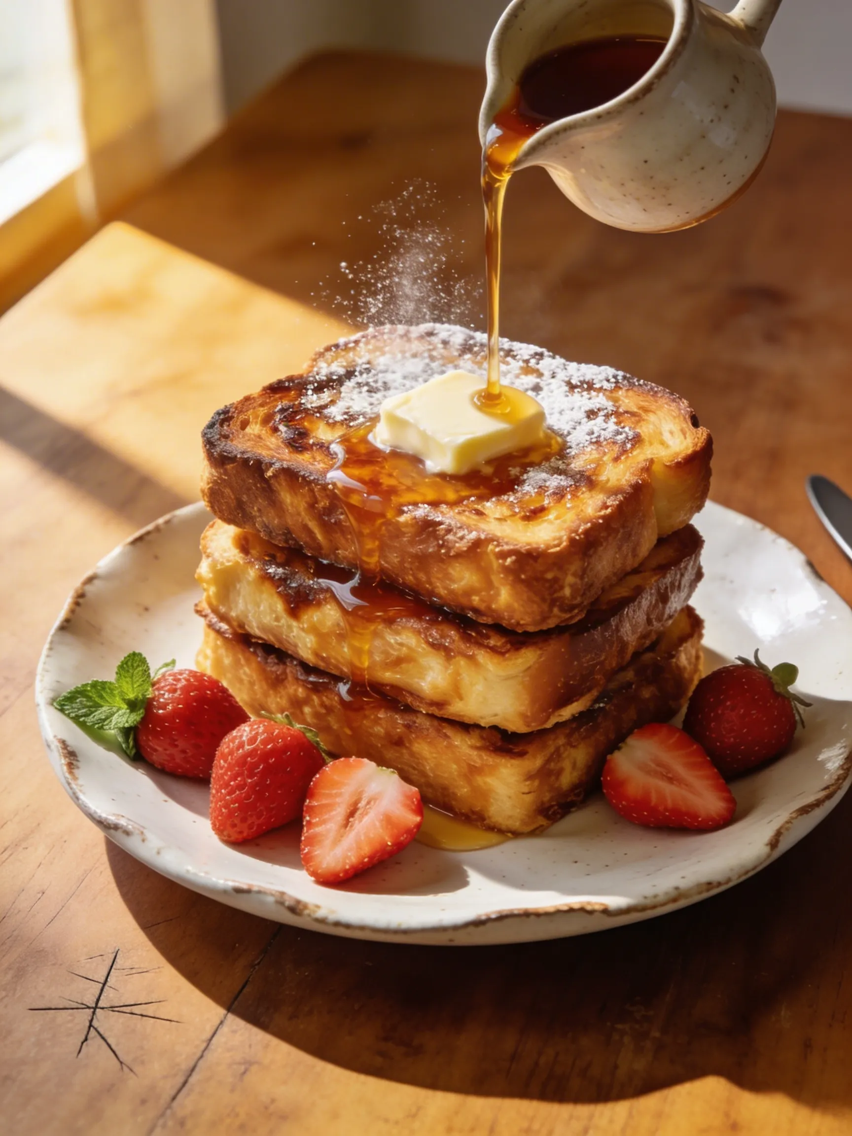 Café-style French toast recipe stacked high with maple syrup and fresh strawberries on a rustic white plate