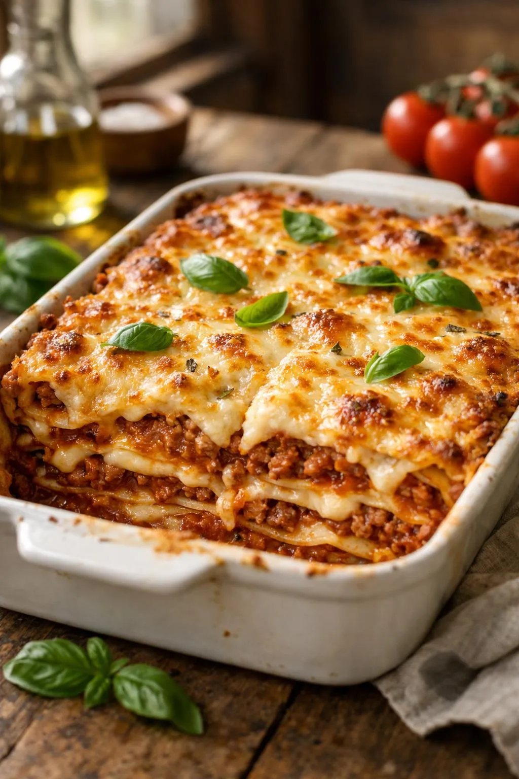 Classic lasagna recipe sliced in ceramic baking dish showing rich meat sauce and melted cheese layers, natural light food photography