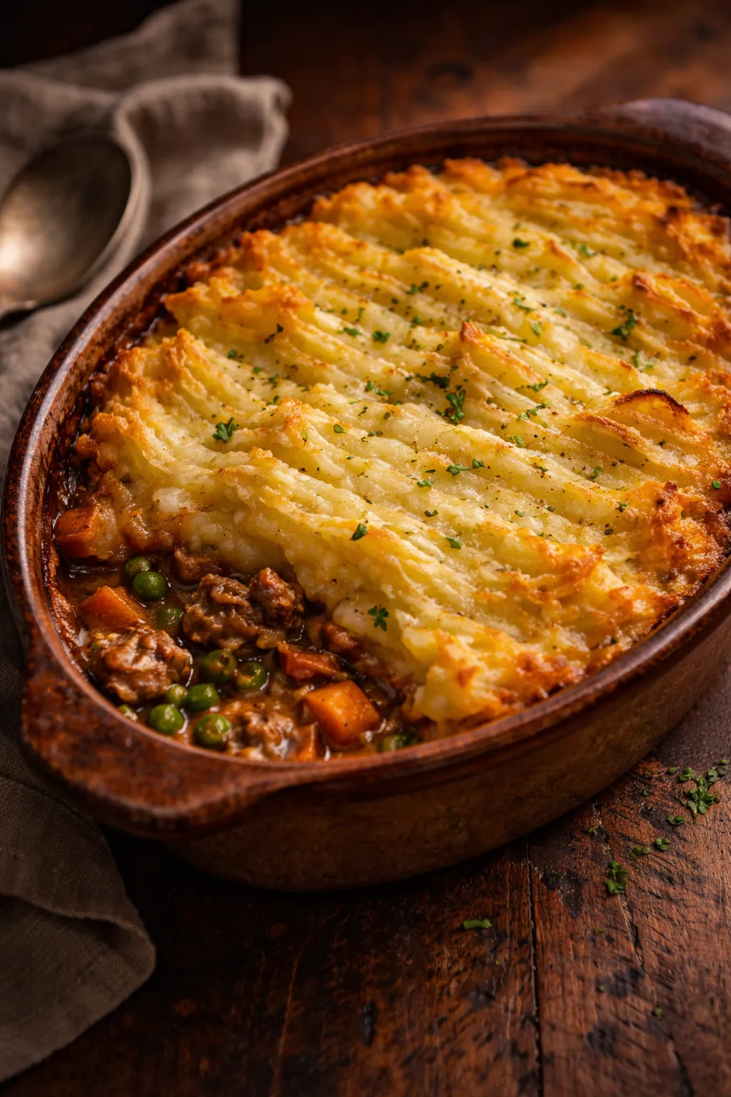 Classic shepherd's pie recipe in rustic ceramic dish with golden mashed potato topping and bubbling filling