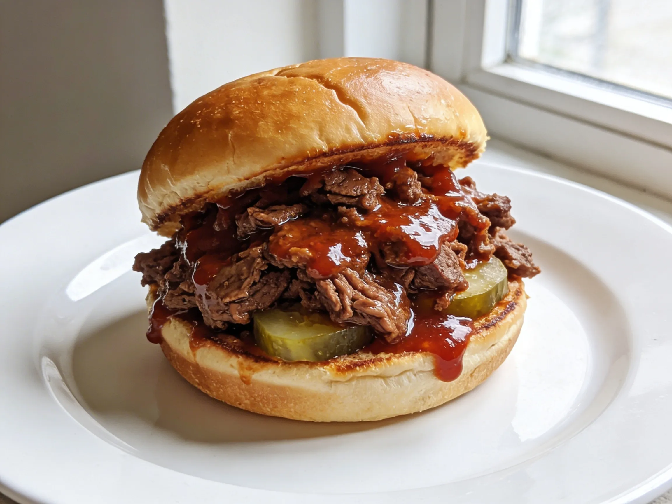 Classic sloppy joe recipe on white plate with saucy beef filling overflowing toasted brioche bun in natural light