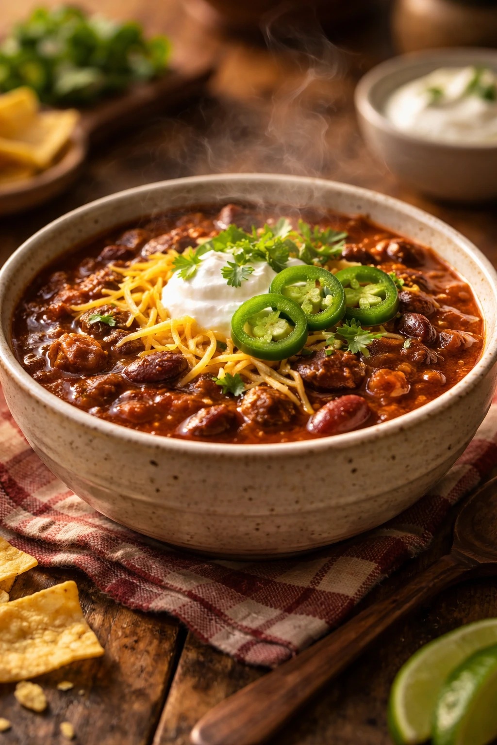 Close-up bowl of the ultimate homemade chili recipe topped with cheese, sour cream, and jalapeños on a rustic wooden table
