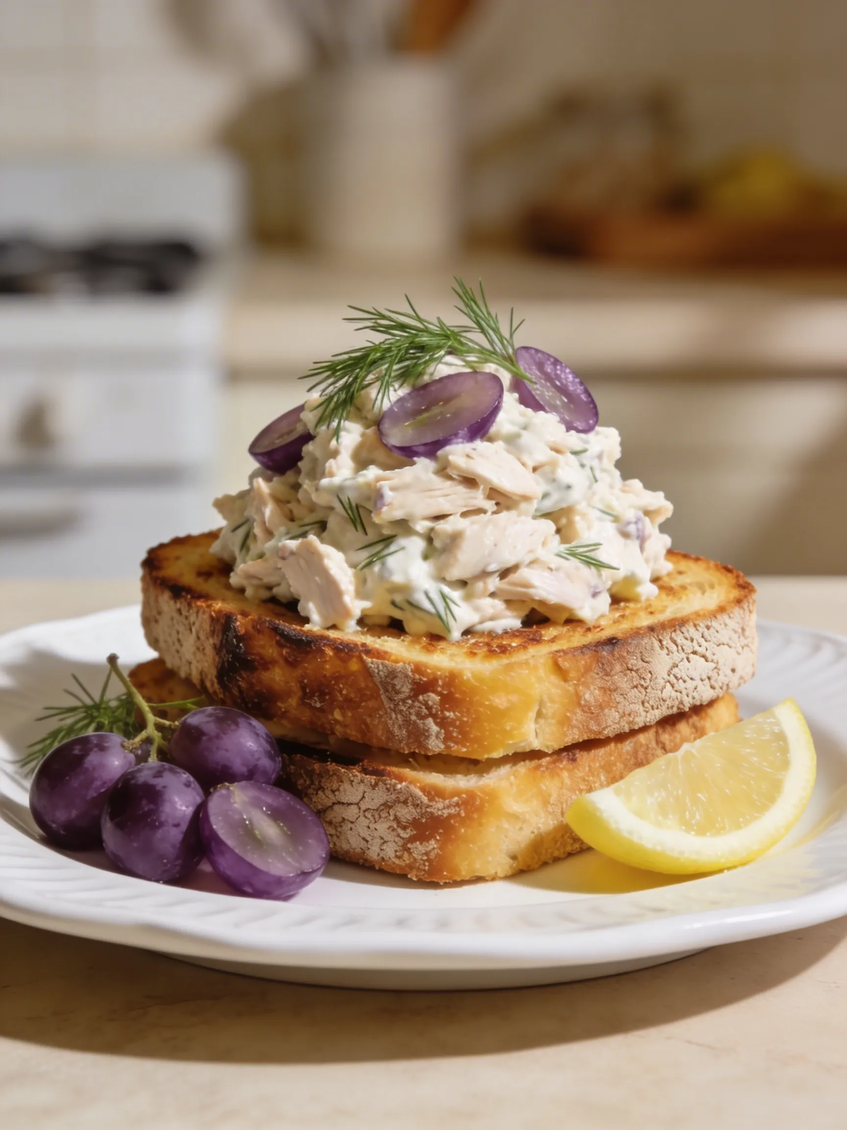 Creamy chicken salad recipe on toasted sourdough with fresh dill and grapes on a white plate, natural light.