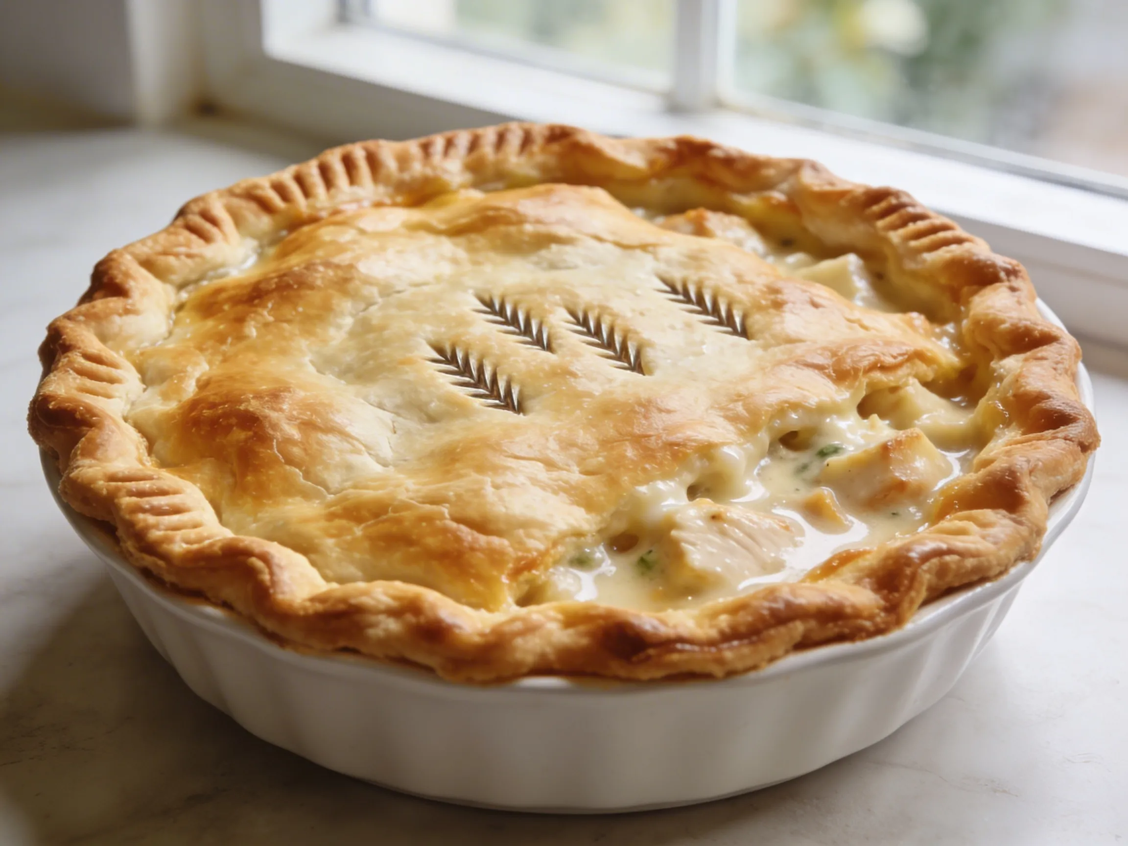 Easy chicken pot pie recipe in white ceramic dish with golden flaky crust and bubbling creamy filling in natural light