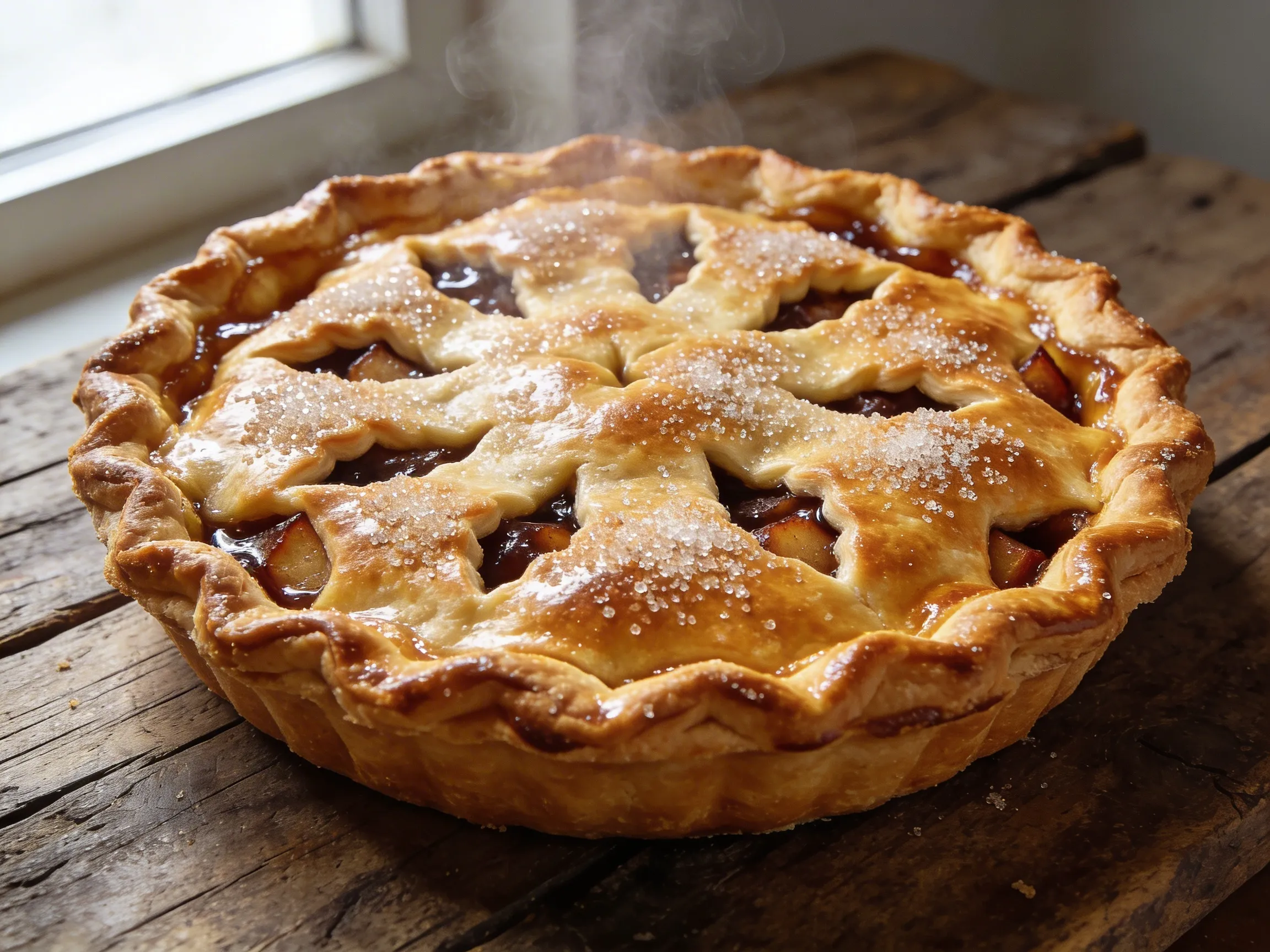 Easy homemade apple pie recipe with golden flaky crust and bubbling spiced filling on rustic wooden surface