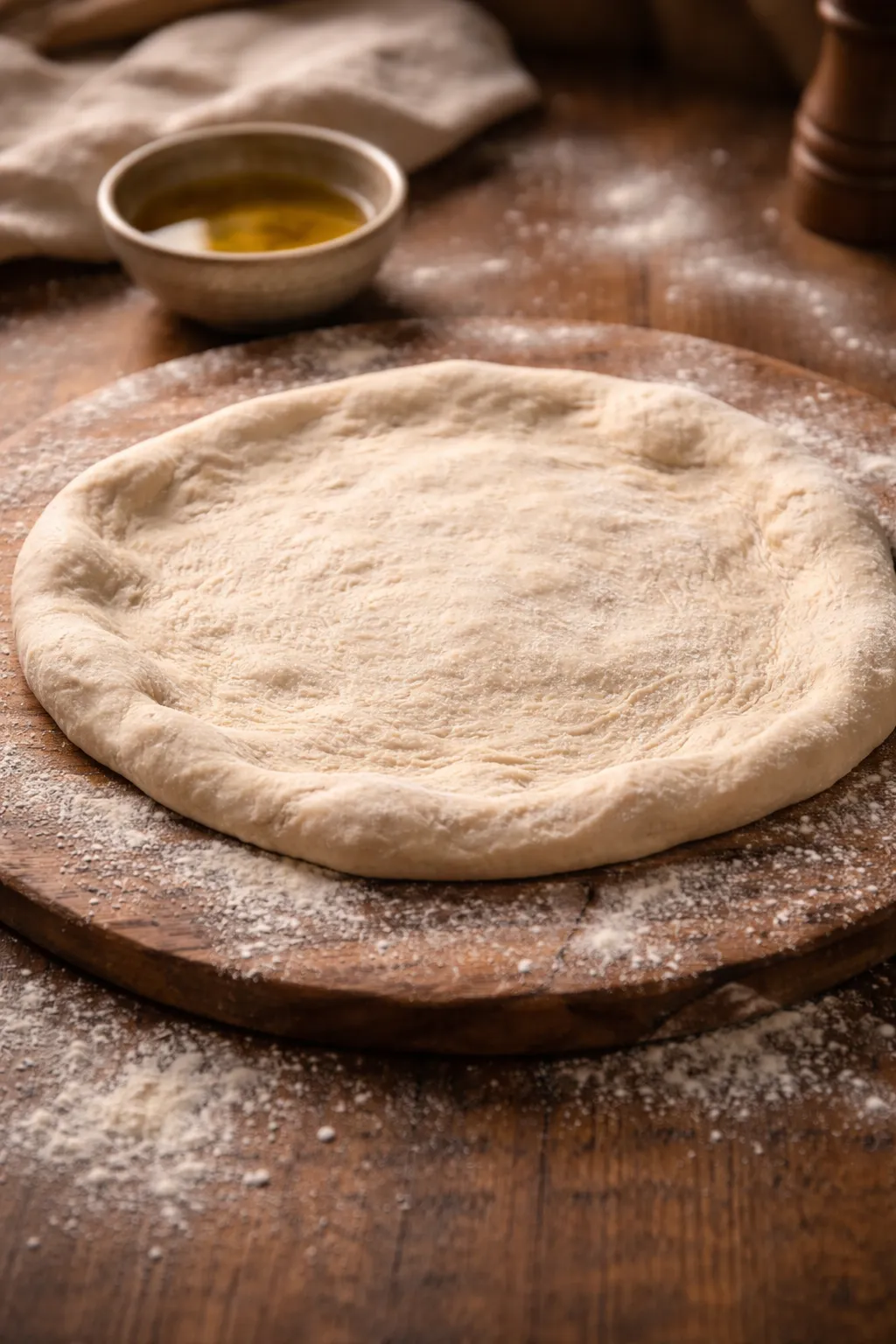 Homemade pizza dough recipe stretched on a floured wooden board with olive oil in warm kitchen light
