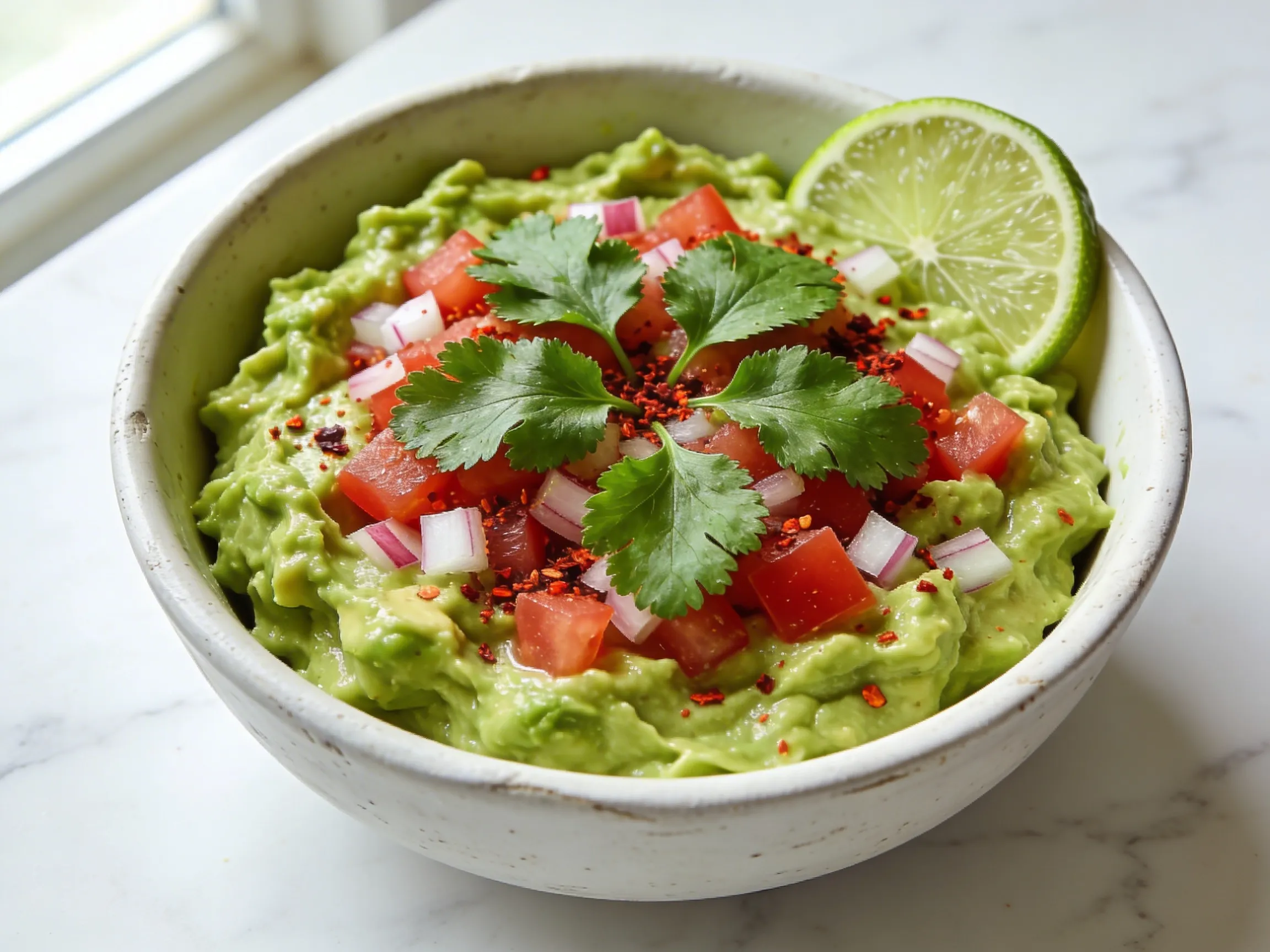 Restaurant style guacamole recipe in white ceramic bowl with fresh cilantro lime and tomato in natural daylight