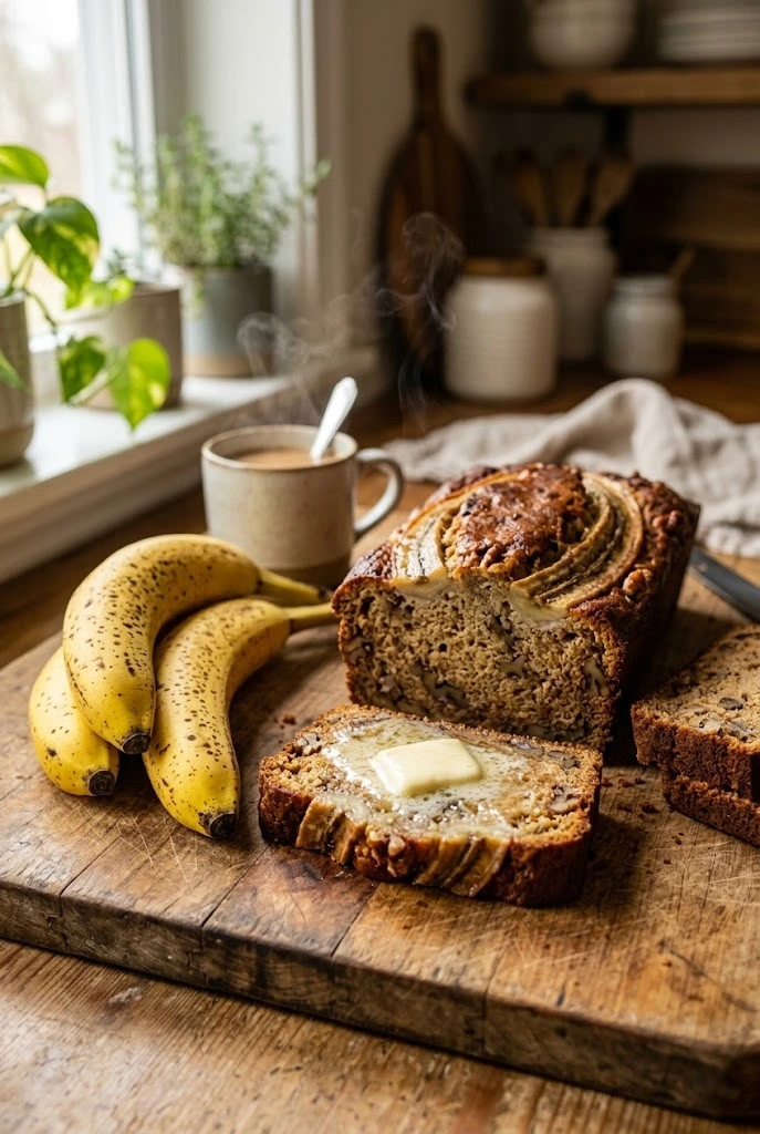 Sliced golden banana bread loaf on a rustic wooden cutting board with melting butter and ripe bananas beside it
