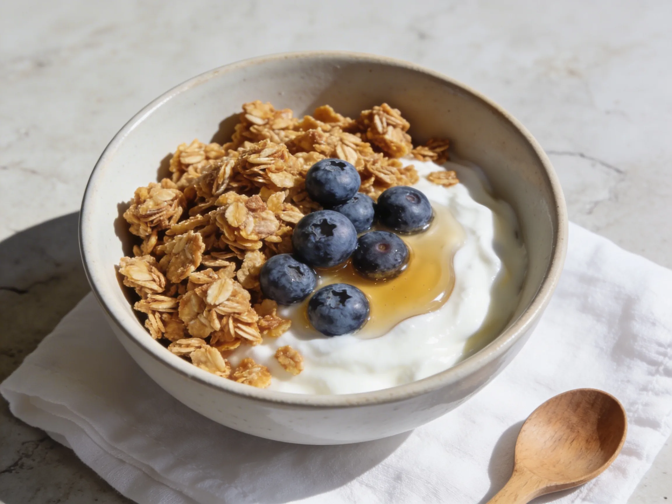 A bowl of crunchy homemade granola served over Greek yogurt with fresh blueberries and a drizzle of honey on a light stone surface.