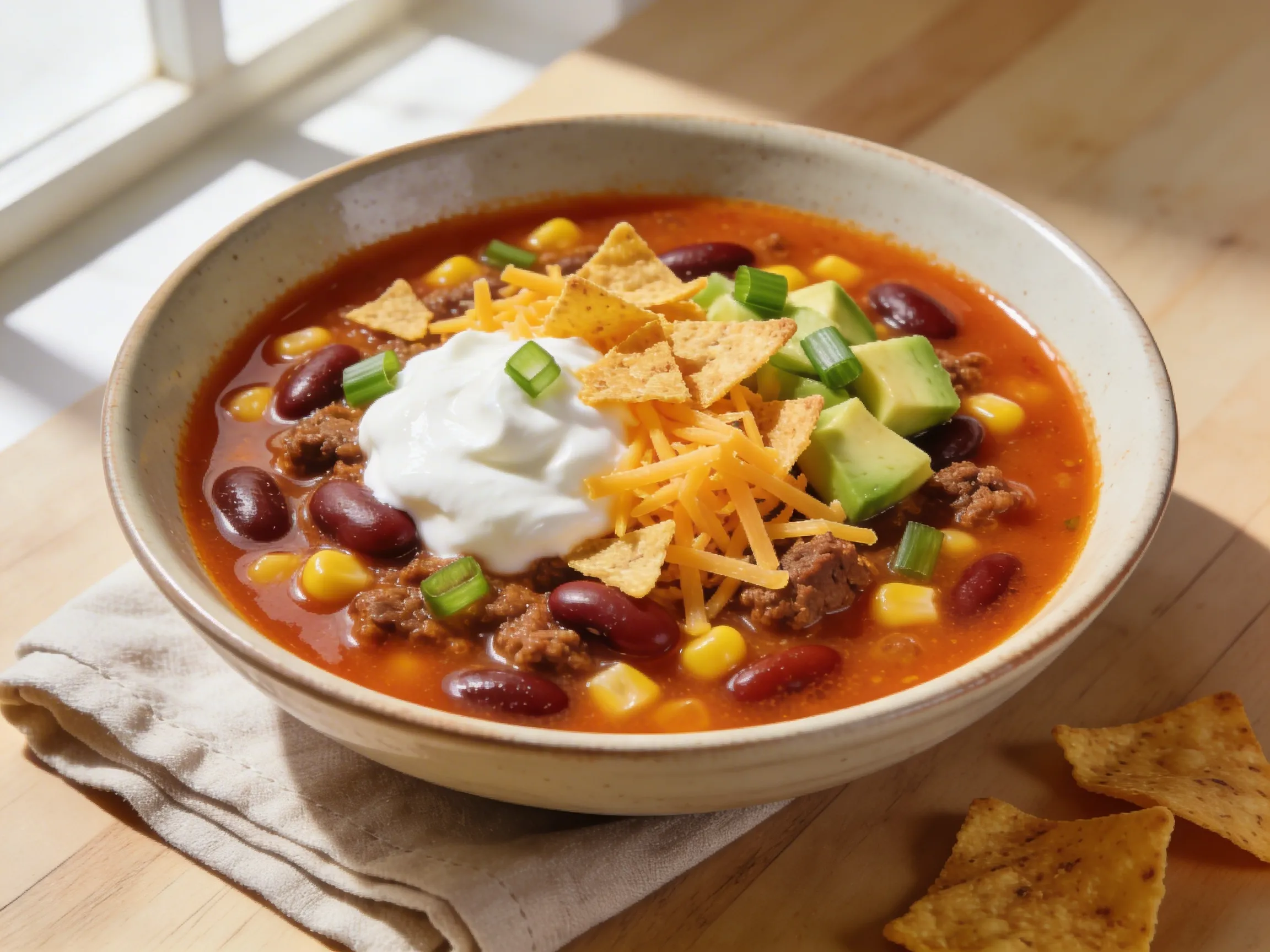 bowl of easy taco soup topped with sour cream, shredded cheddar, crushed tortilla chips, sliced green onions, and diced avocado, served on a light wood surface