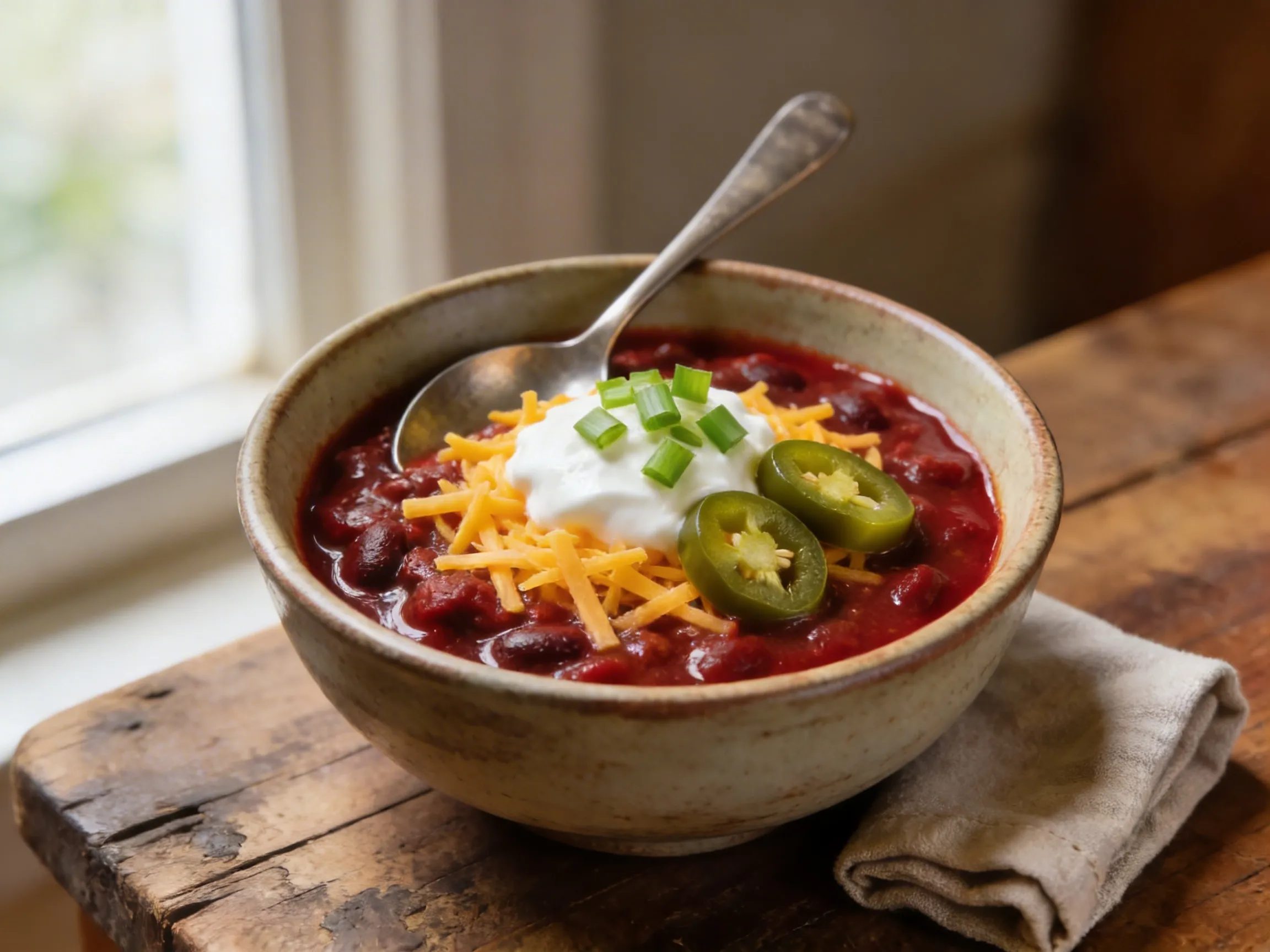 A bowl of slow cooker crockpot chili topped with sour cream, shredded cheddar, sliced green onions, and jalapeño rounds on a wooden surface.