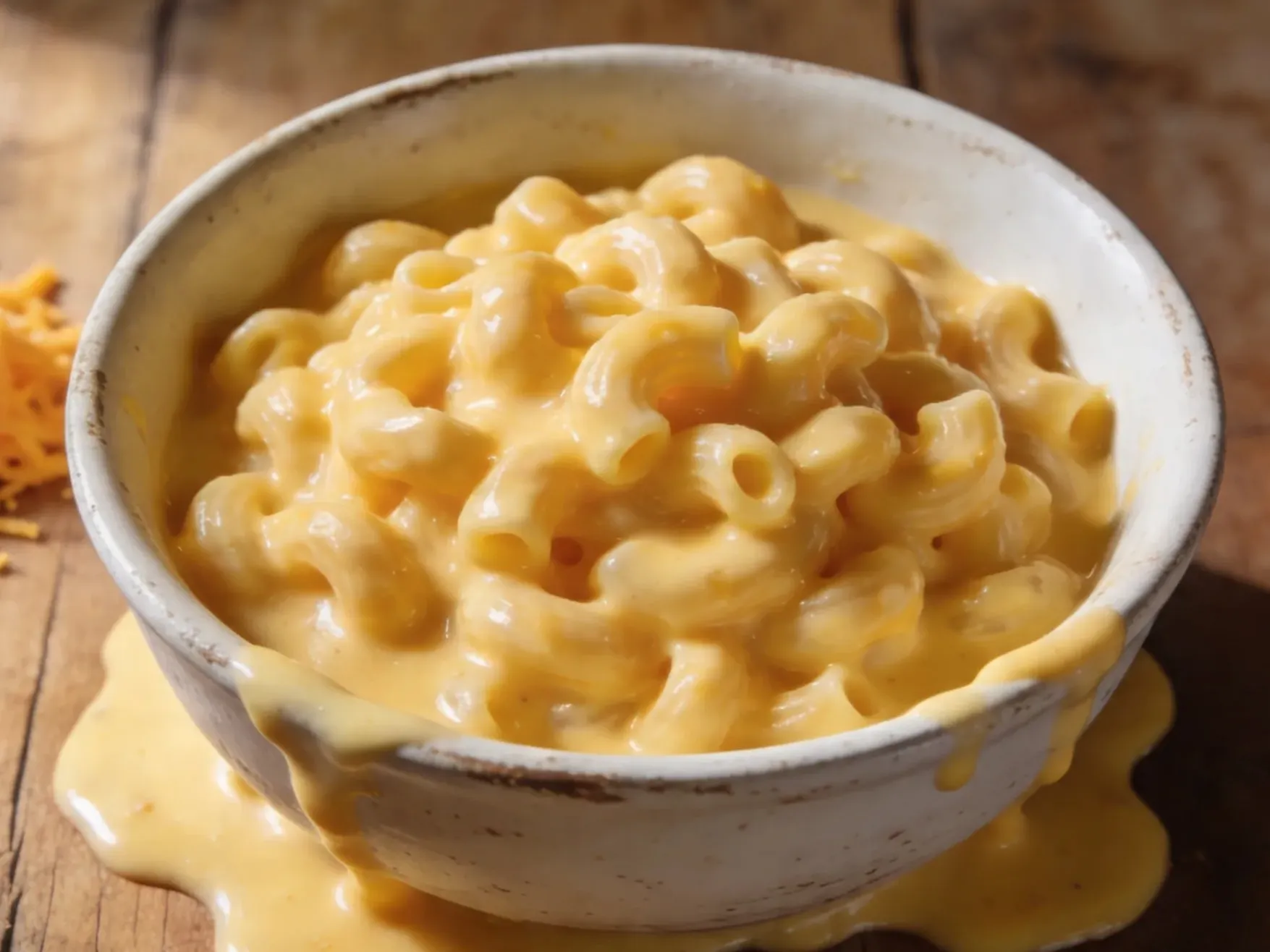 A white bowl of homemade mac and cheese with thick creamy cheese sauce coating elbow macaroni, served on a wooden table with grated cheddar on the side