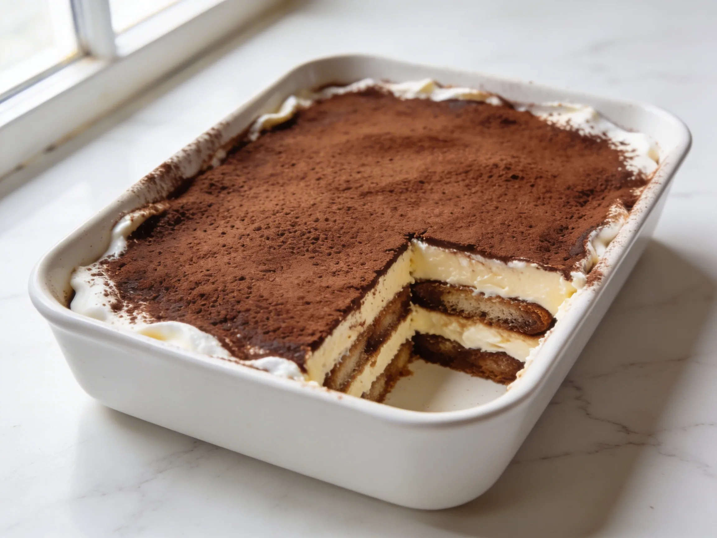 Authentic tiramisu recipe in white dish with cocoa dusting and one portion removed showing beautiful cream and ladyfinger layers