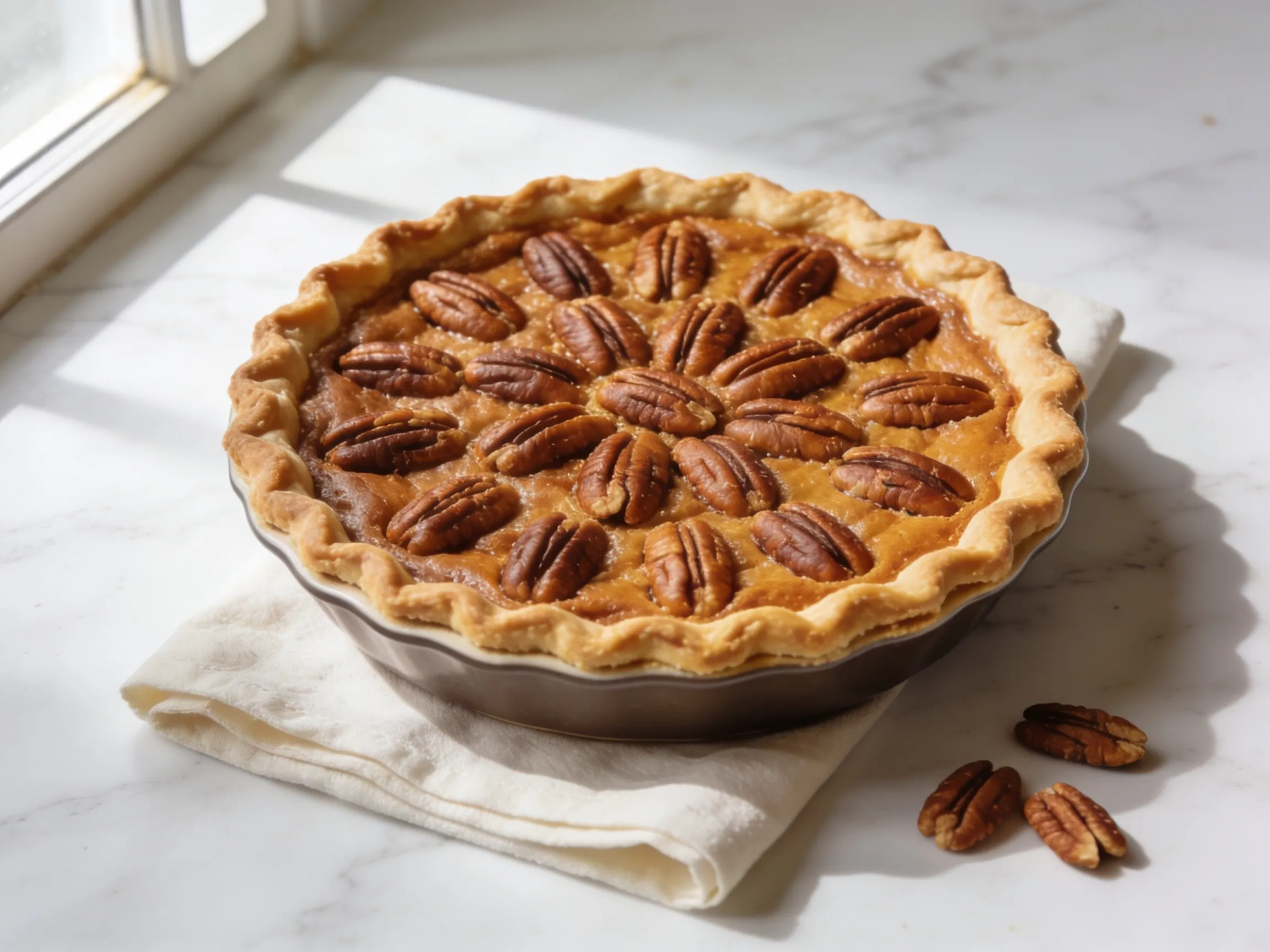 Classic southern pecan pie recipe with golden pecan halves on top, baked in a white ceramic dish on a marble surface