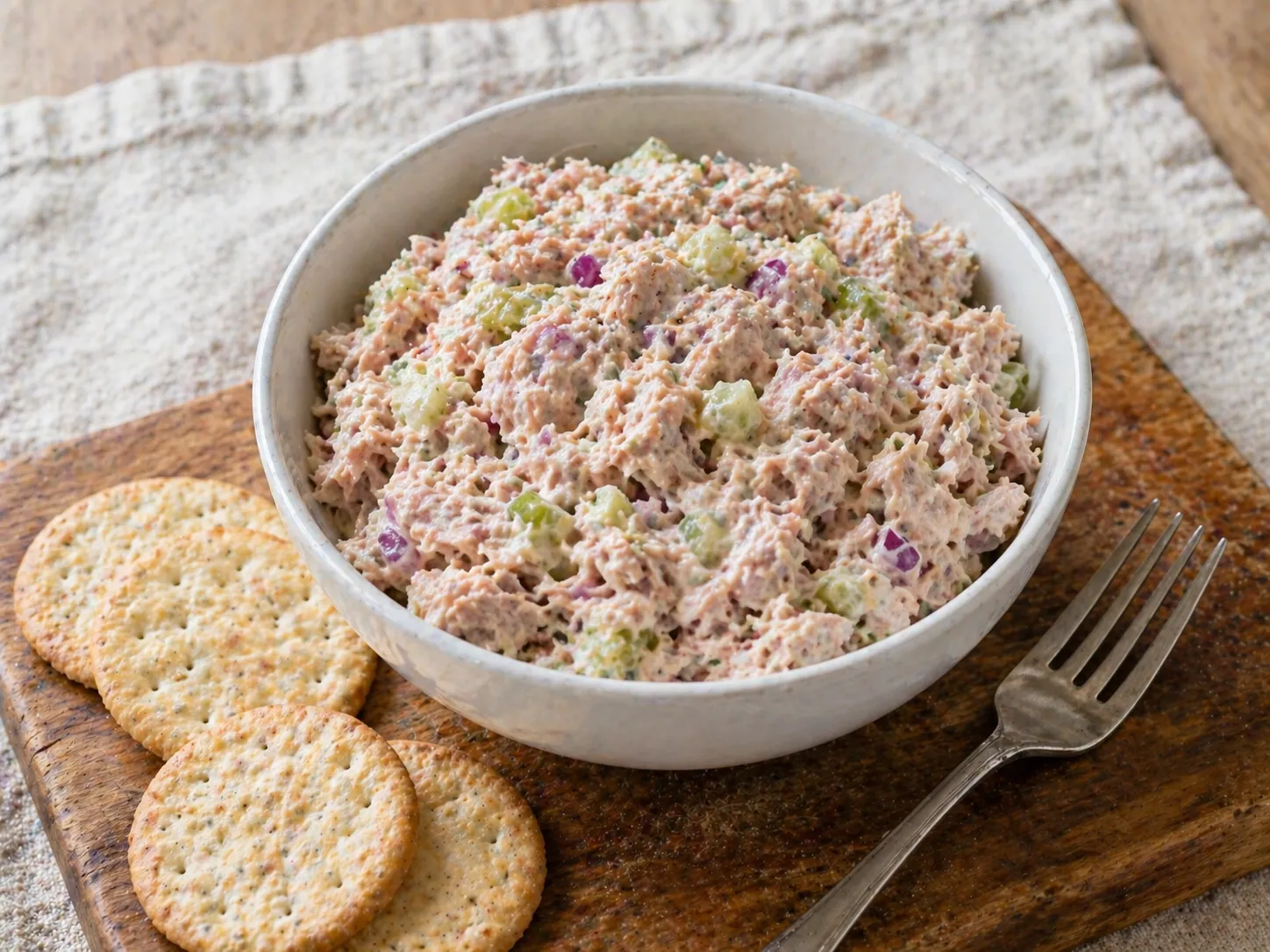 Classic tuna salad recipe served in a white bowl with visible celery and onion on a wooden board