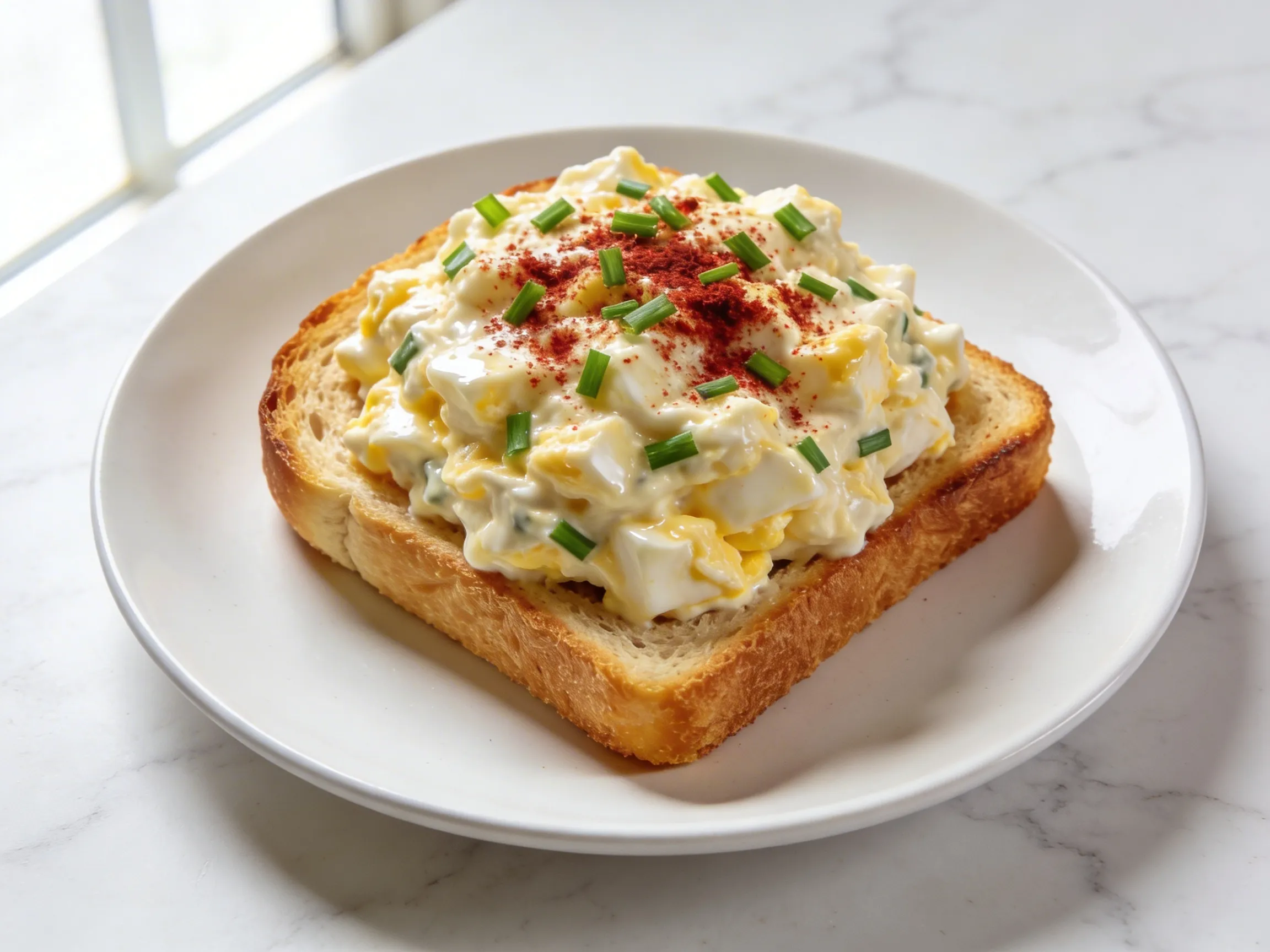 Creamy egg salad recipe served on toasted sourdough bread with fresh chives and smoked paprika on a white ceramic plate in natural light