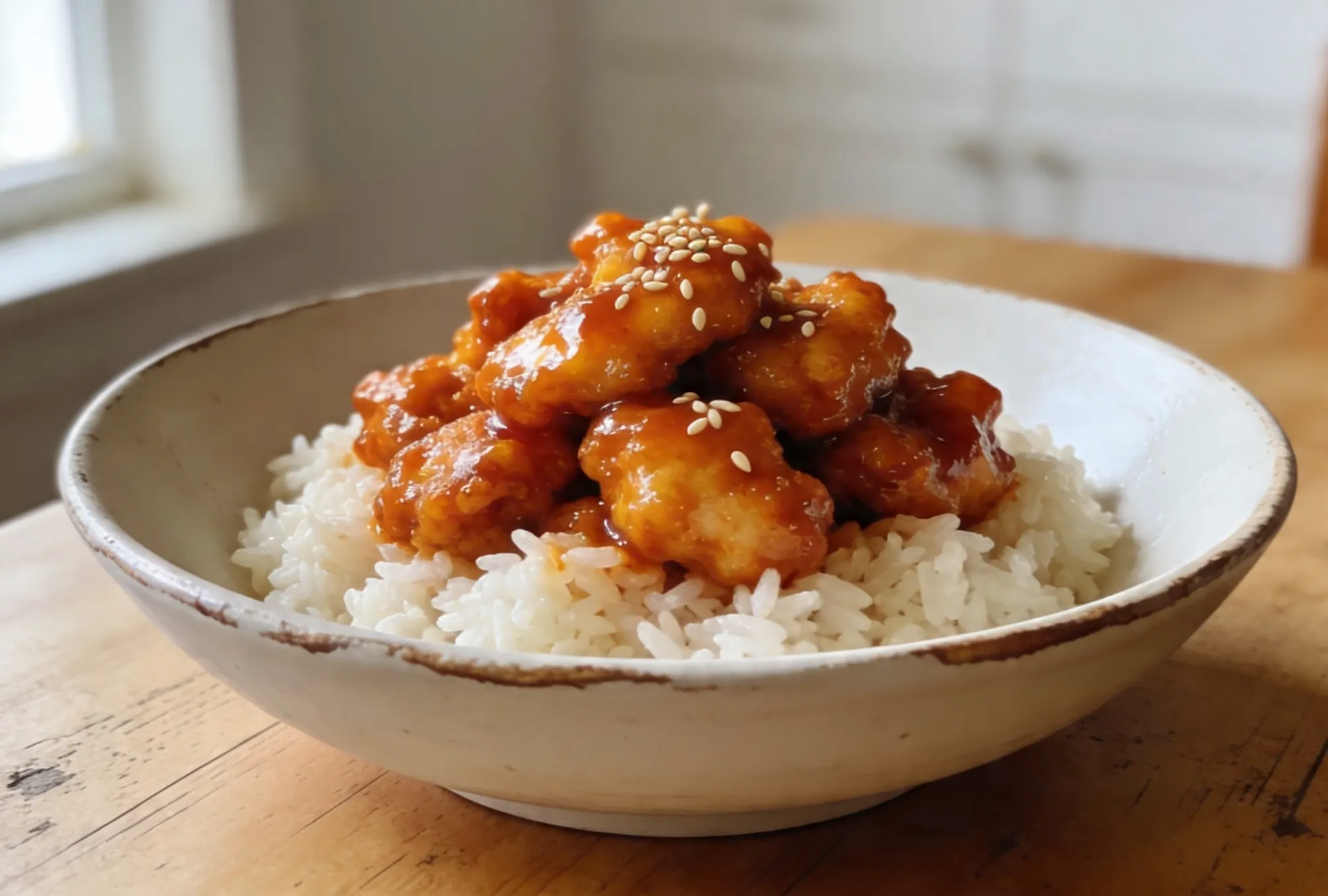 Crispy orange chicken recipe served over steamed jasmine rice in a white ceramic bowl on a wooden table