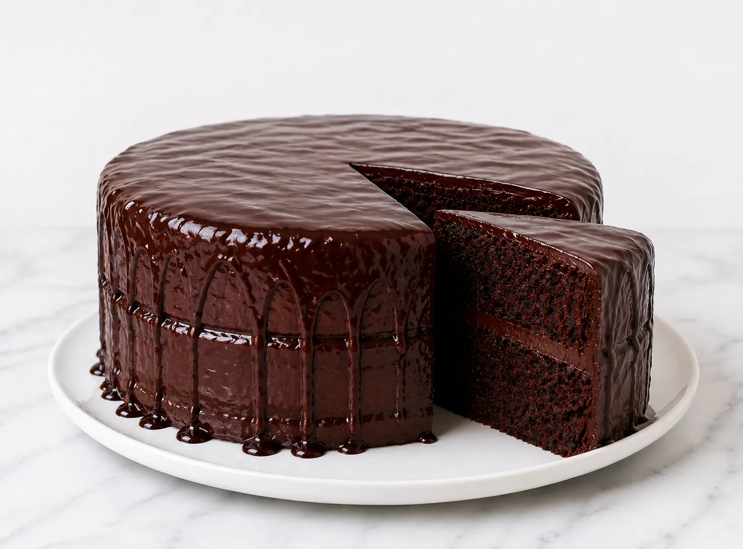 Decadent chocolate cake recipe with glossy ganache dripping down the sides and a fudgy crumb shown in a pulled slice on a white plate