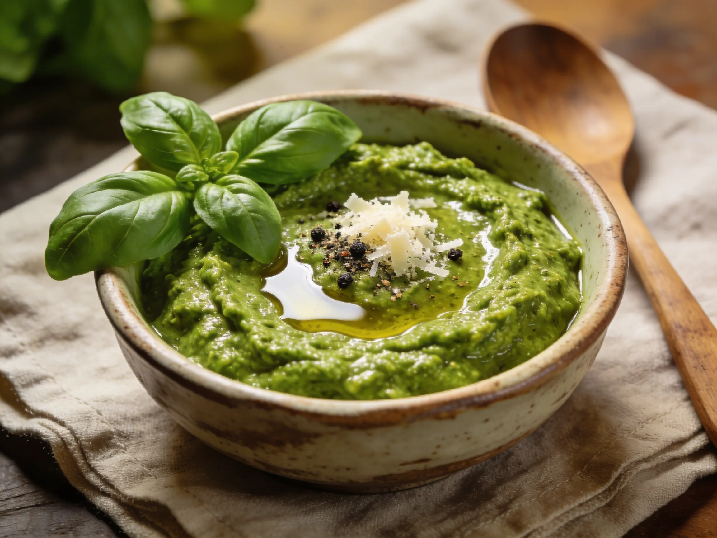 Fresh homemade basil pesto served in a rustic ceramic bowl garnished with basil leaves, a drizzle of olive oil, cracked black pepper, and grated Parmesan